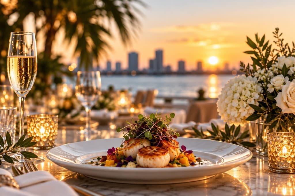 Plated scallops with champagne and flowers at a waterfront sunset table.