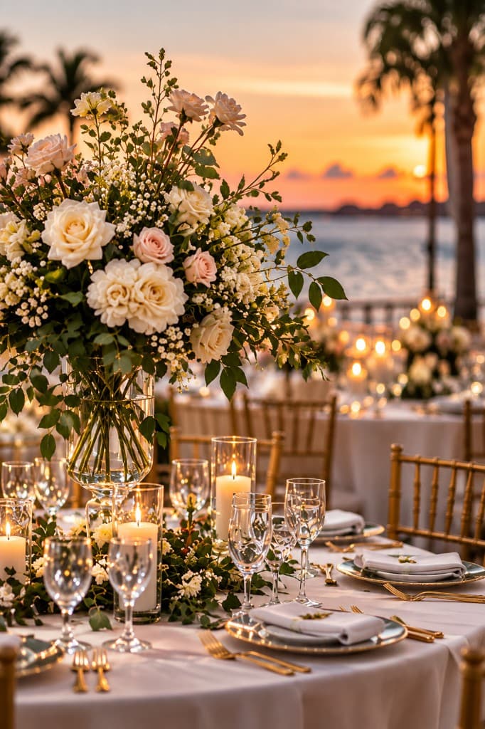 An outdoor sunset table with florals, candlelight and gold-rimmed place settings.