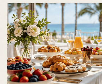 A coastal brunch table with pastries, fruit and juice.