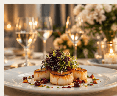 Seared scallops plated for an elegant dinner.